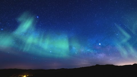 Aurora Borealis Milky Way Rise Time Lapse Southeast Sky Wide Shot Simulated Northern Lights