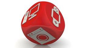 Red cube with symbols of household electronic equipment. One red cube labeled symbols of household electronic equipment are rotating on white surface. Footage video