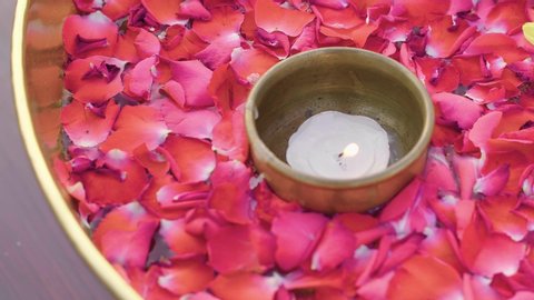 Petal Red Rose with Candle Floating on Water, Relax in Spa and Nature 