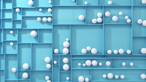 Abstract 3D boxes with white balls inside rolling. Animation render shapes. 4k backdrop footage. Top view.
