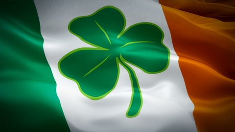 Ireland waving flag with four leaf clover. St Patrick day 3d Irish flag waving. Sign of Ireland seamless loop animation. Irish flag HD resolution Background. lucky Shamrock Ireland flag Closeup 1080p 