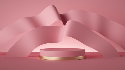 abstract pink fashion background loop animation, empty cylinder podium, vacant pedestal, waving silk ribbons. Modern minimal motion design. Product display, platform, stand. Commercial showcase mockup