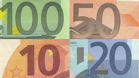 Different euro bills stop motion animation. Five, ten, twenty, fifty and one hundred. Macro of banknote Euro. Euro money closeup. Concept - Finance Business Investment Success