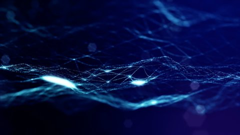 looped blue animated abstract sci-fi background with wavy glow particles like micro world, cosmic space or digital big data, blockchain, point nodes connection. Digital grid