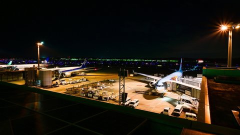 NARITA CHIBA JAPAN- FEBRUARY 3 , 2020: Timelapse of Daily busy activities loading and unloading to prepare commercial flights and Aircraft traffic at Night
