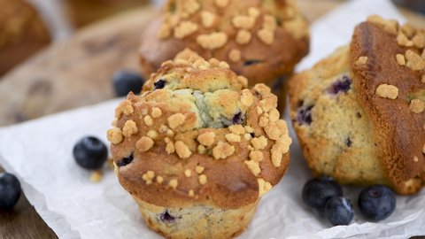 Fresh made Blueberry Muffins on a rotating plate (loopable)