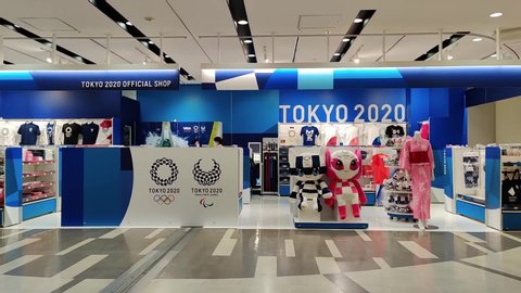 Tokyo, Japan, 2020
Timelapse People wearing face mask cross official Tokyo Olympics 2020 store at Narita Airport. Amid Coronavirus scare Olympics is postponed to 2021
Mascots designed by Ryo Taniguchi