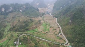 Road into Mountain Fog in Vietnam High Altitude Drone Video
