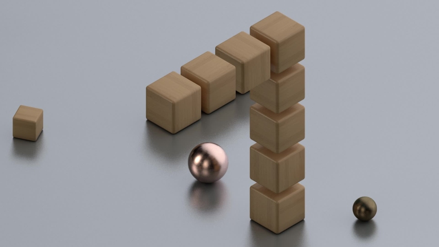 3D animation of building an impossible triangle made of wooden cubes. The Golden ball is knocked out by a cube and rolled away. The animation has special effects with noise and grain on the surface an Royalty-Free Stock Footage #1047962887