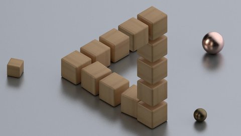 3D animation of building an impossible triangle made of wooden cubes. The Golden ball is knocked out by a cube and rolled away. The animation has special effects with noise and grain on the surface an