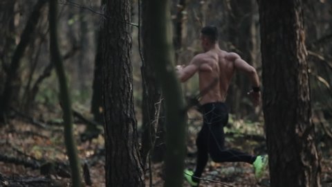 young muscular runner with naked torso in running trousers runs in the forest. Speed Running between the trees.