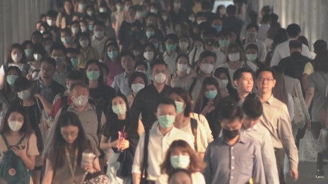 9th March 2020. Bangkok, Thailand. Crowd with medical face mask,  Coronavirus quarantine, COVID-19 , virus outbreak and PM2.5 air pollution crisis in Bangkok Thailand.