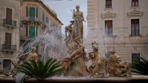 Fountain Diana in the center of square Archimede in Ortygia island in Syracuse in Sicily