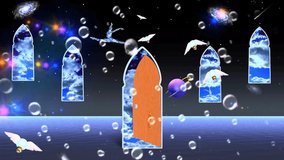 Symbolic composition with winged light bulbs, ancient windows and planet. The door to another worlds - Powered by Shutterstock - Get 15% off with code: PIKWIZARD15