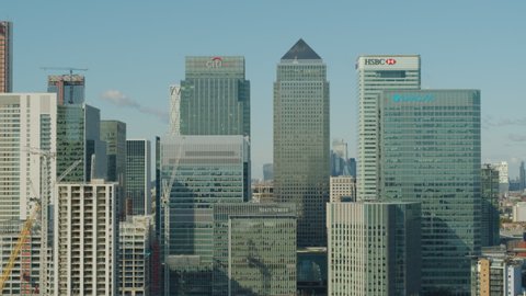 CANARY WHARF - October 10, 20219: Aerial views of Canary Wharf Skyline with London in the background.
