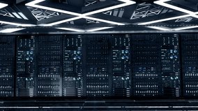 Technology Concept of Information Digitalization. Camera Moving from left to right, Rack Servers in Futuristic Data Center.  Loop - Powered by Shutterstock - Get 15% off with code: PIKWIZARD15