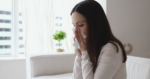 Unhealthy young woman having allergic rhinitis suffering from snuffles. Ill sick girl holding tissue blowing stuffy nose caught cold sitting on sofa at home. Flu symptoms and chronic allergy concept