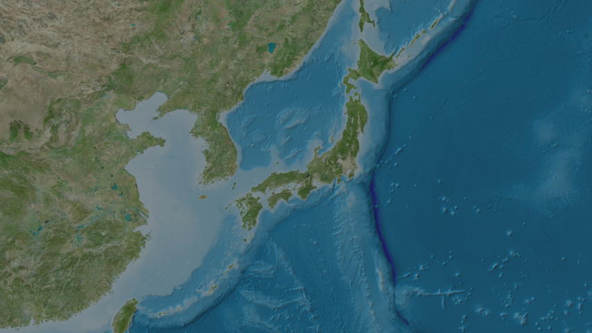 Kagoshima, prefecture with its capital, zoomed and extruded on the satellite map of Japan in the conformal Stereographic projection