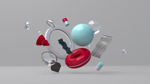 Glass, metallic, plastic, colorful geometric shapes. Abstract animation, 3d render.