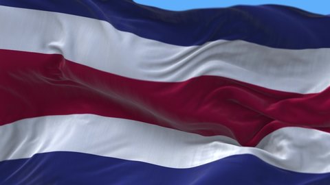 4k Costa rica National flag slow loop seamless waving with visible wrinkles in wind blue sky background.A fully digital rendering,animation loops at 20 seconds.