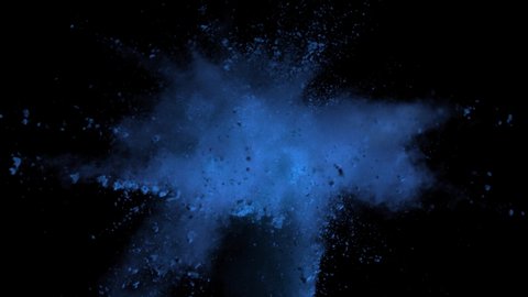 Colored blue powder explosion, abstract close up dust isolated on black background in slow motion