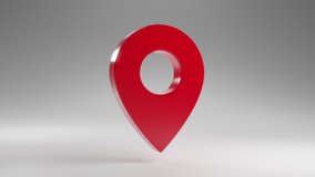 Shiny modern red spinning map pointer. 3D rendering locator pin. Location symbol on white background. Web location rotation point 4K animation.