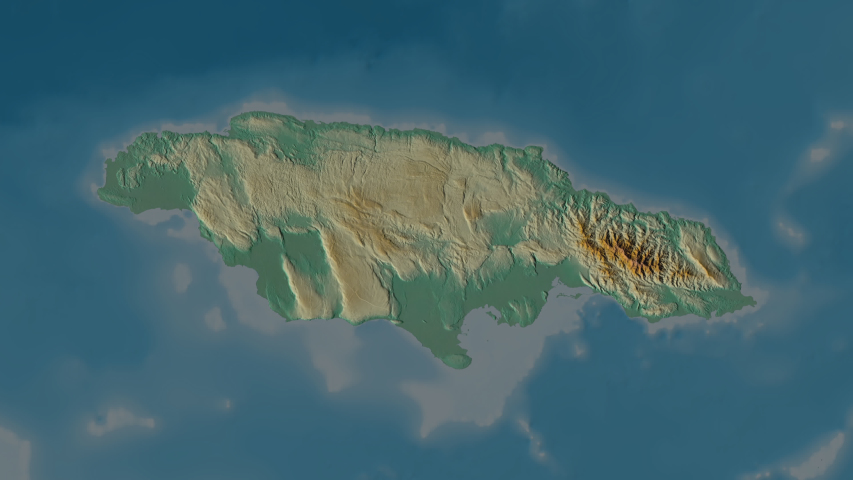 Saint James, parish with its capital, zoomed and extruded on the relief map of Jamaica in the conformal Stereographic projection