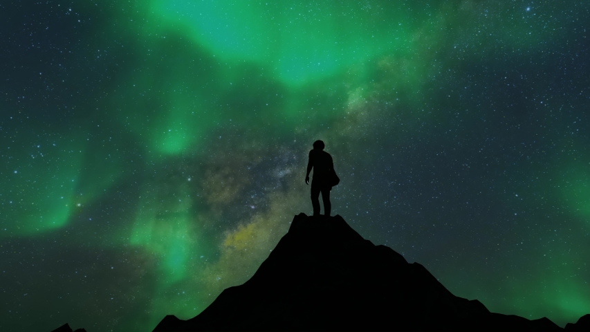 Silhouette man on hilltop with Aurora Borealis,Northern Lights or polar light in beautiful night sky over the mountain,Realistic aurora time lapse animation background. Royalty-Free Stock Footage #1048045624