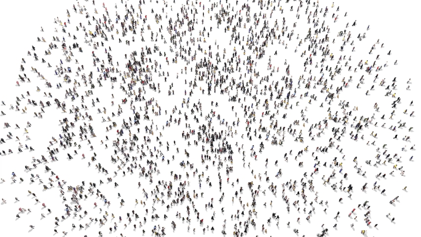 3d animation of people gathering into a crowd and forming a nuclear atom toxic waste symbol