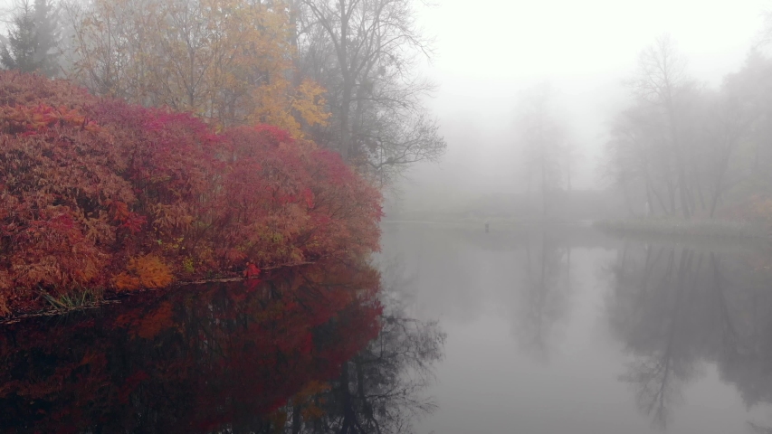 A drone slowly flies over a lake in a foggy autumn park. Slider shot.