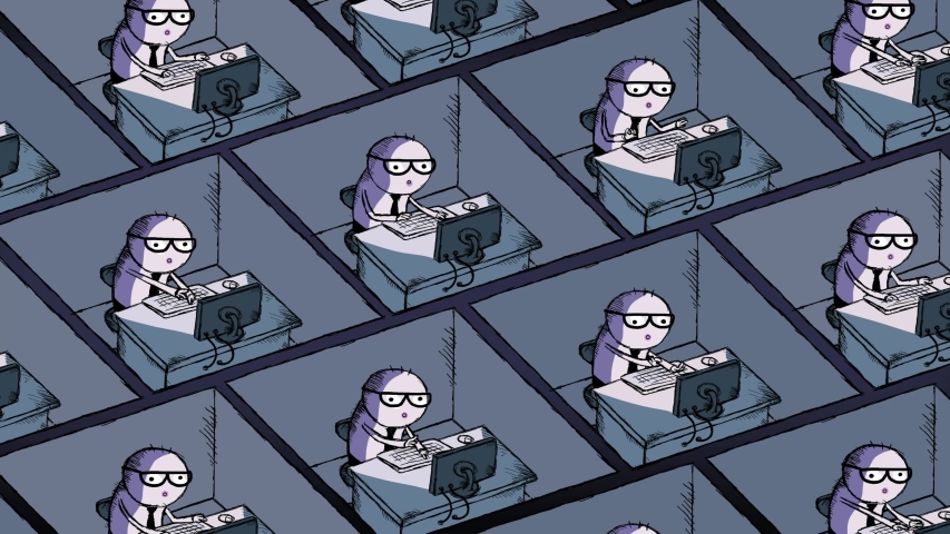 Cartoon busy office employees in cubicles. Coloured dark version. Workers in a big office. They are working all day with no break. Seamles loop of futuristic society, artificial intelligence metaphor.