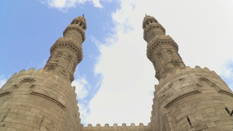 CAIRO, EGYPT - CIRCA 2020: The Bab Zuweila gate tower, one of three remaining gates in the walls of the old medieval city of Cairo