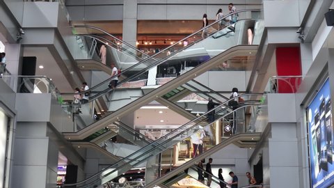 Bangkok / Thailand - 10 05 2019: Escalator at MBK Shopping Center