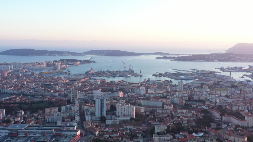 Toulon harbor french naval base aerial shot sunset Mediterranean coast french riviera