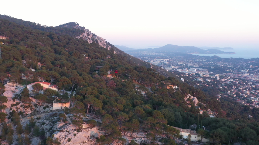 Toulon cable car cabin mont faron aerial shot sunset french riviera France 