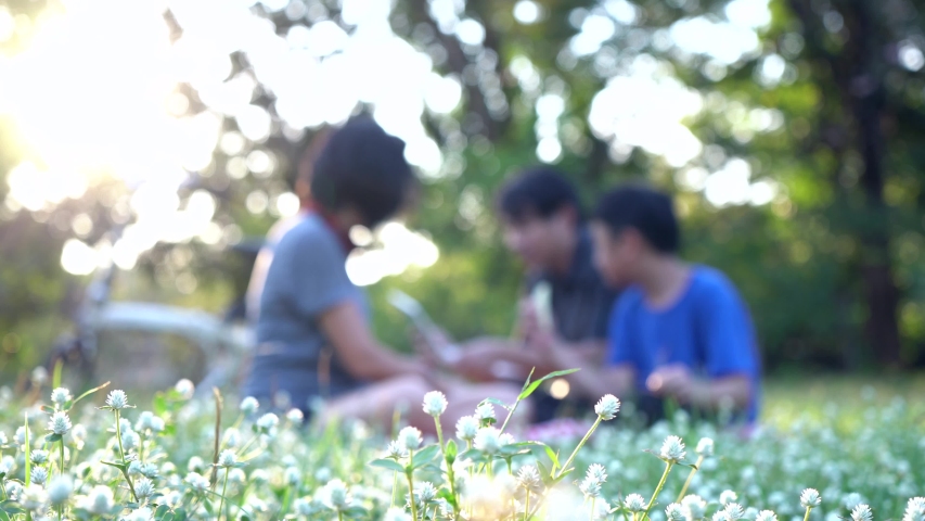 Blurred footage concept.  Happy family sitting on grass for picnic at public park