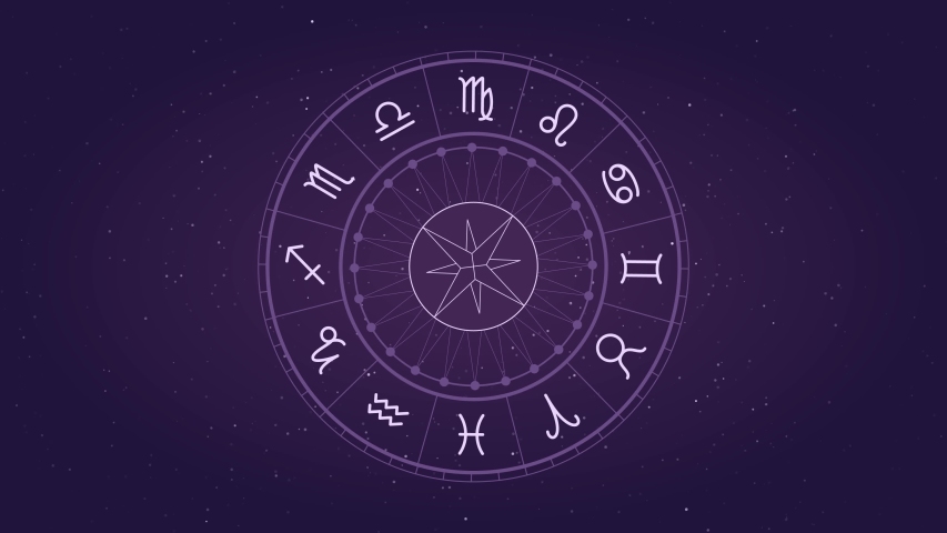 Astrology horoscope circle with zodiac signs vector background. Cosmos, space. Aquarius, libra, leo, taurus, cancer, pisces, virgo, capricorn, sagittarius, aries, gemini, scorpio. purple violet trendy, a Signs & Symbol Video by MoonSplinters