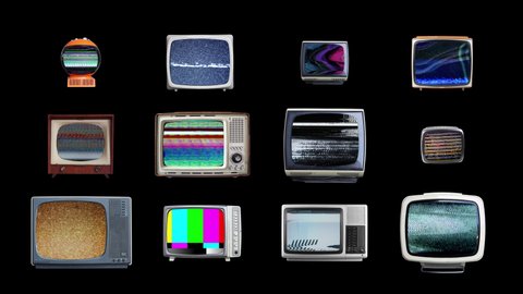 Montage of retro tv sets in various styles with glitches and static on the screens against a black background.