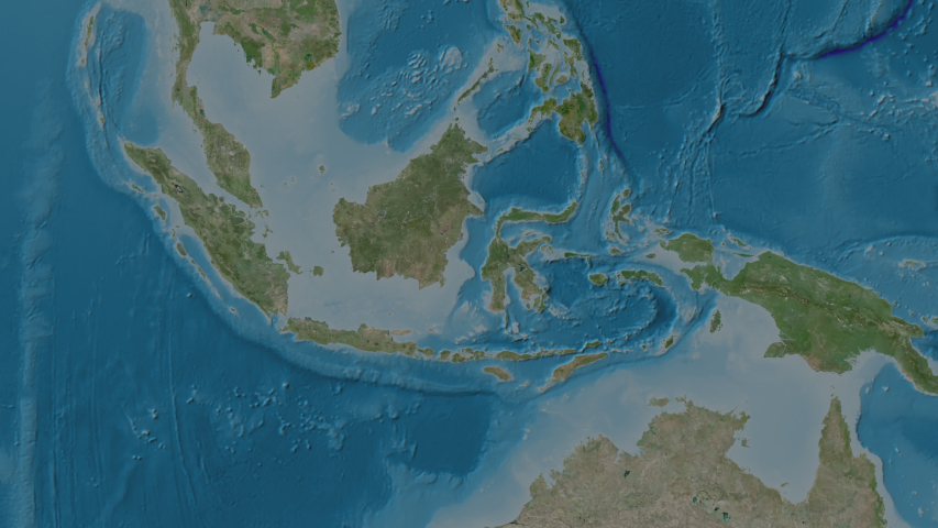 Riau, province with its capital, zoomed and extruded on the satellite map of Indonesia in the conformal Stereographic projection