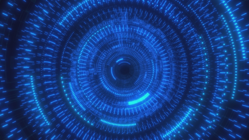 Looped animation. Abstract background. Moving through hyperspace with bright circles in blue color on black backdrop. Modern colorful wallpaper. 3d rendering. | Shutterstock HD Video #1048110046
