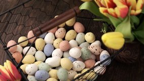 Woman pours Easter colorful quail eggs into metal basket, close up. Holiday healthy breakfast concept.