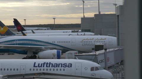 Grounded Lufthansa airplane , united airlines, singapore airlines, oman air and air canada in background Frankfurt international Airport 