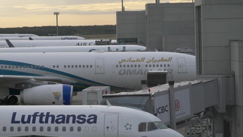 Grounded empty planes Lufthansa , Air Canada, Singapore, Oman airlines planes. Frankfurt international Airport 29th september 2019