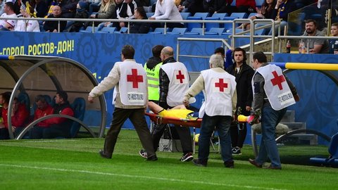 Rostov-on-Don, Russia - March 09, 2020: Injured Football player and Stretchers during Russian football Premier League (RPL) season 2019-2020, 21 round Rostov 3:2 CSKA Moscow, Rostov-on-Don, Russia
