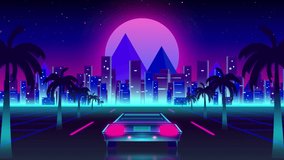 Animation of the words Good Vibes Only over pink and green lines with back of a car driving on palm tree lined highway with cityscape and pink glowing moon in the background. Video computer game