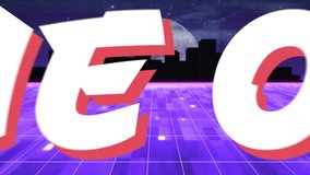 Animation of the words Game Over written in white letters over glowing purple light trails moving in seamless loop with glowing horizontal line, cityscape and moon in the background. Video computer