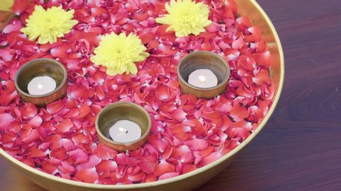 Copper Bowl, Petal Red Rose and Yellow Daisy with Candle Light Floating on Water, Relax in Spa and Nature 