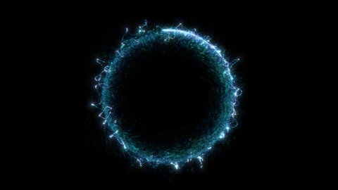 Seamless loop. Animation of a round blue portal consisting of particles and bursts of energy isolated on black background with alpha luma matte VFX CG 4k.