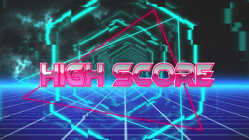 Animation of the words High Score written in metallic pink letters on pink and green triangle, with glowing pulsating hexagons moving in seamless loop in hypnotic motion and blue grid in the - Powered by Shutterstock - Get 15% off with code: PIKWIZARD15