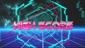 Animation of the words High Score written in metallic pink letters on pink and green triangle, with glowing pulsating hexagons moving in seamless loop in hypnotic motion and blue grid in the - Powered by Shutterstock - Get 15% off with code: PIKWIZARD15